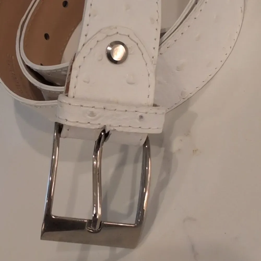 Cintura In Pelle White Ostrich Embossed Leather Belt Silver Buckle Made in Italy